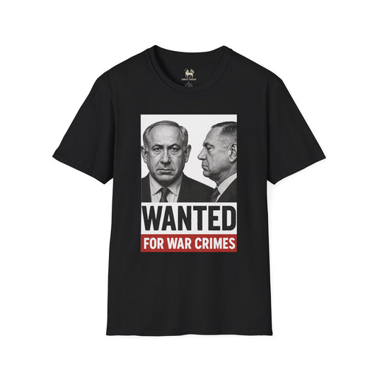 Black WANTED For War Crimes protest tee by Unruly Thread — Netanyahu mugshot graphic based on the ICC arrest warrant, accountability streetwear.