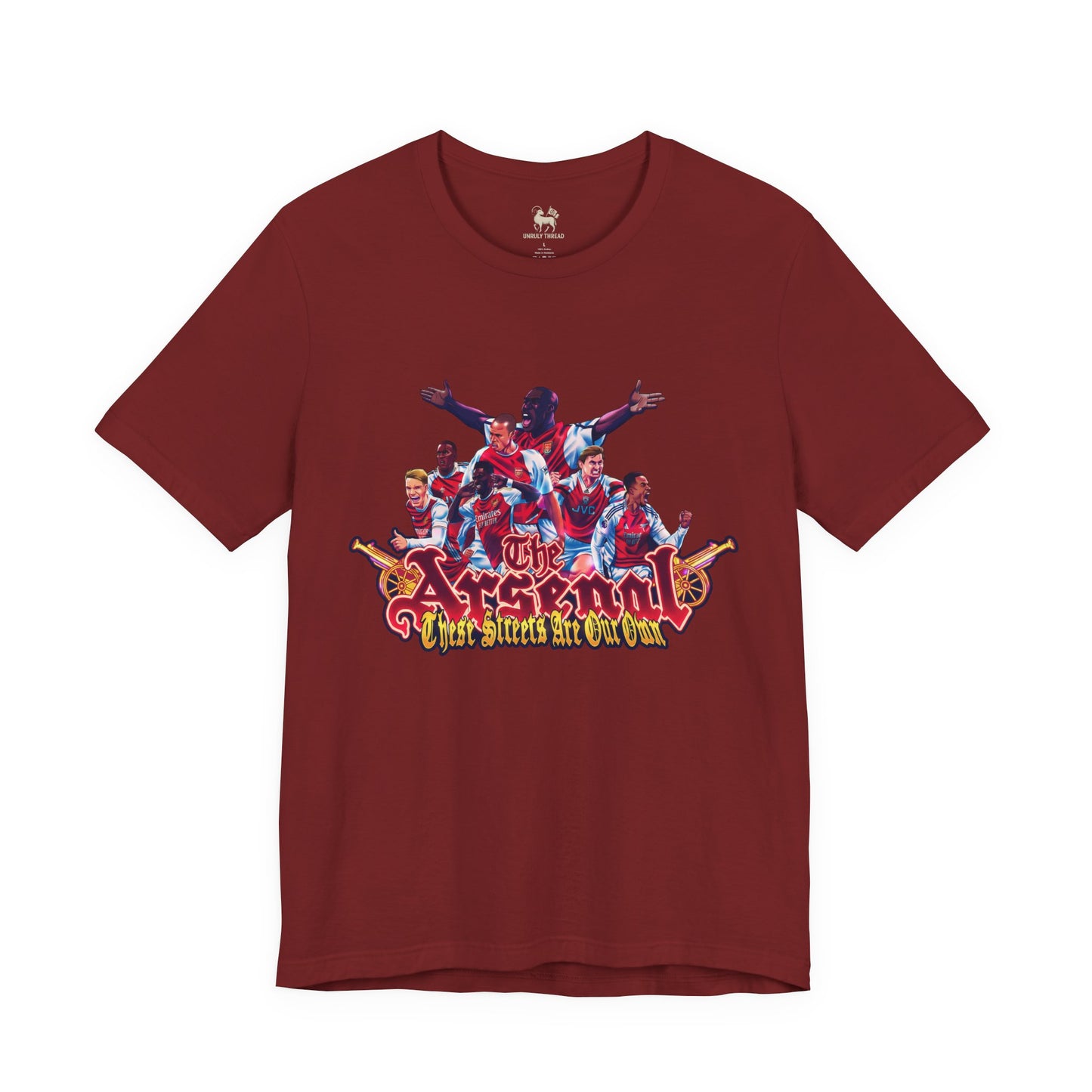 Arsenal-red colorway of the Tifo These Streets Are Our Own tee by Unruly Thread — North Bank derby shirt.