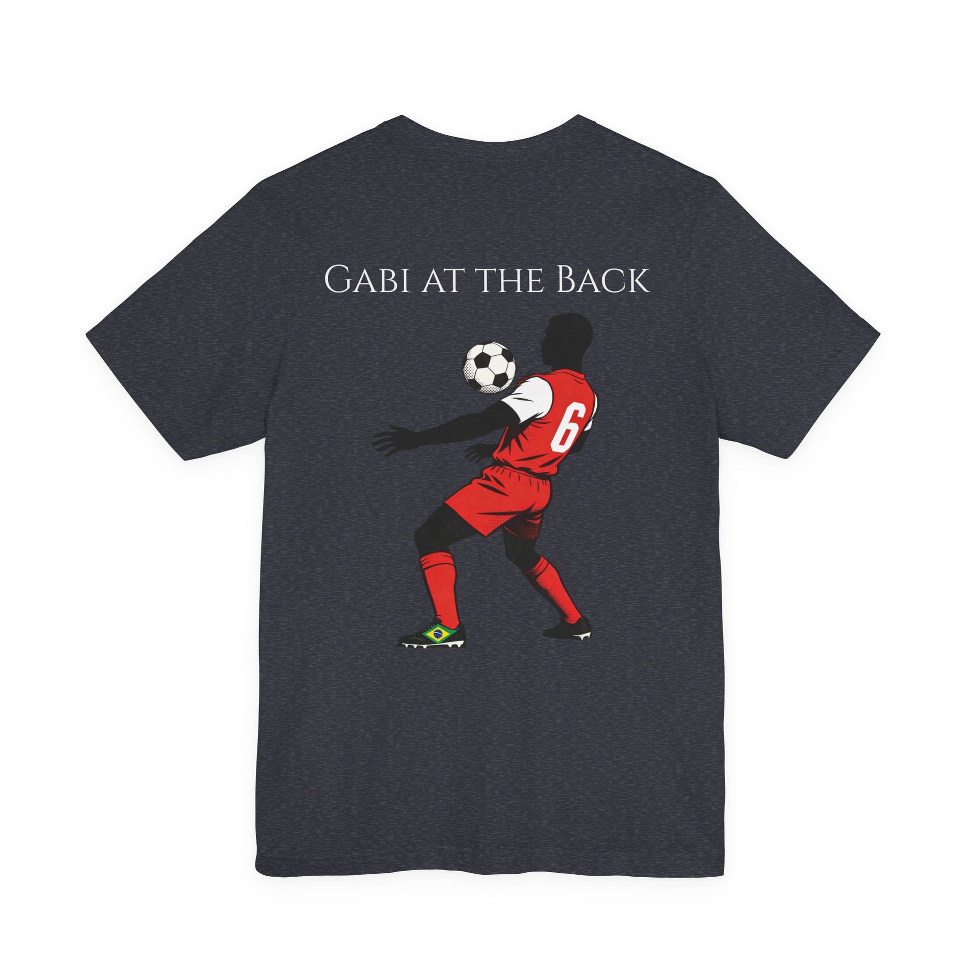Back view of the Gabi at the Back, Gabi in Attack tee — cartoon of Arsenal number 6 in defensive clearance pose with the chant lyric, by Unruly Thread.