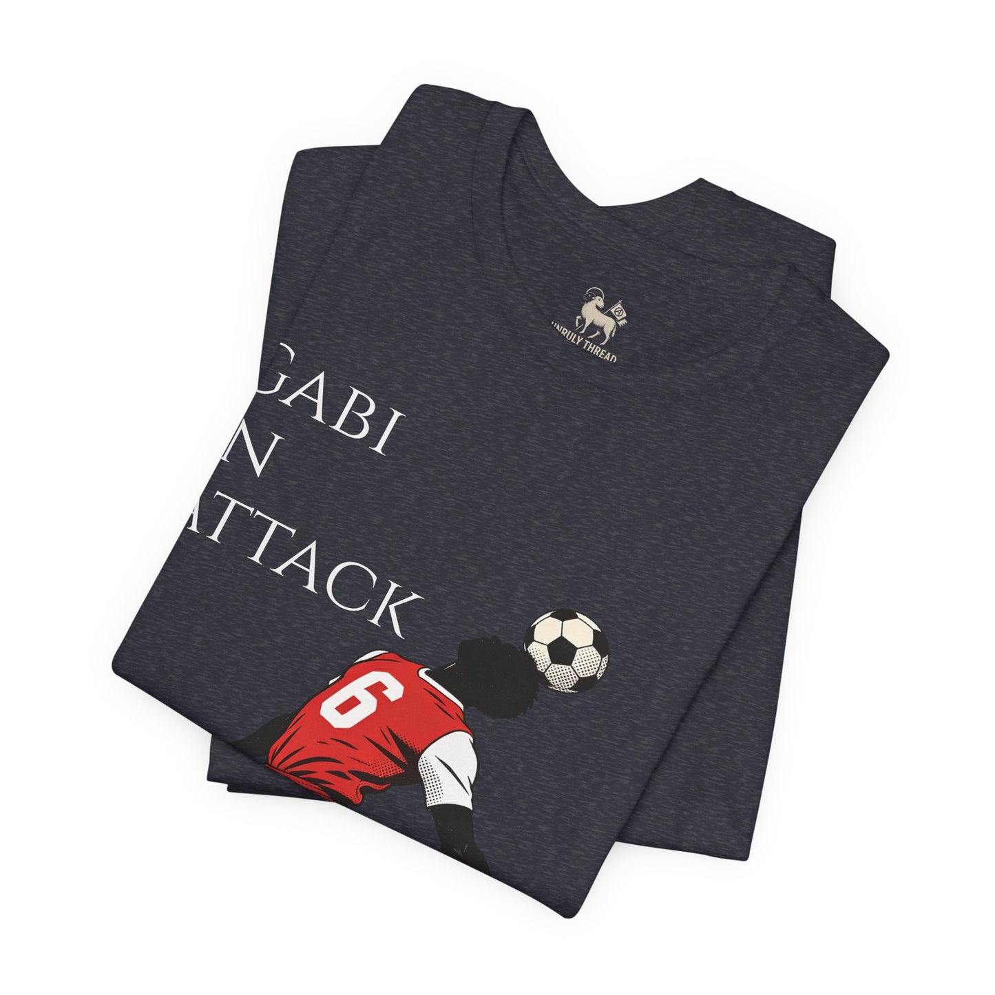 Red colorway of the Gabi at the Back, Gabi in Attack Arsenal chant tee by Unruly Thread — match-day terrace shirt honoring Gabriel Magalhães.