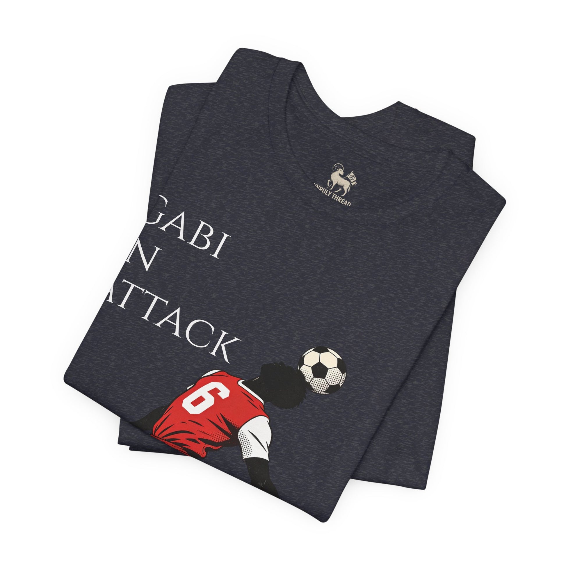 Red colorway of the Gabi at the Back, Gabi in Attack Arsenal chant tee by Unruly Thread — match-day terrace shirt honoring Gabriel Magalhães.