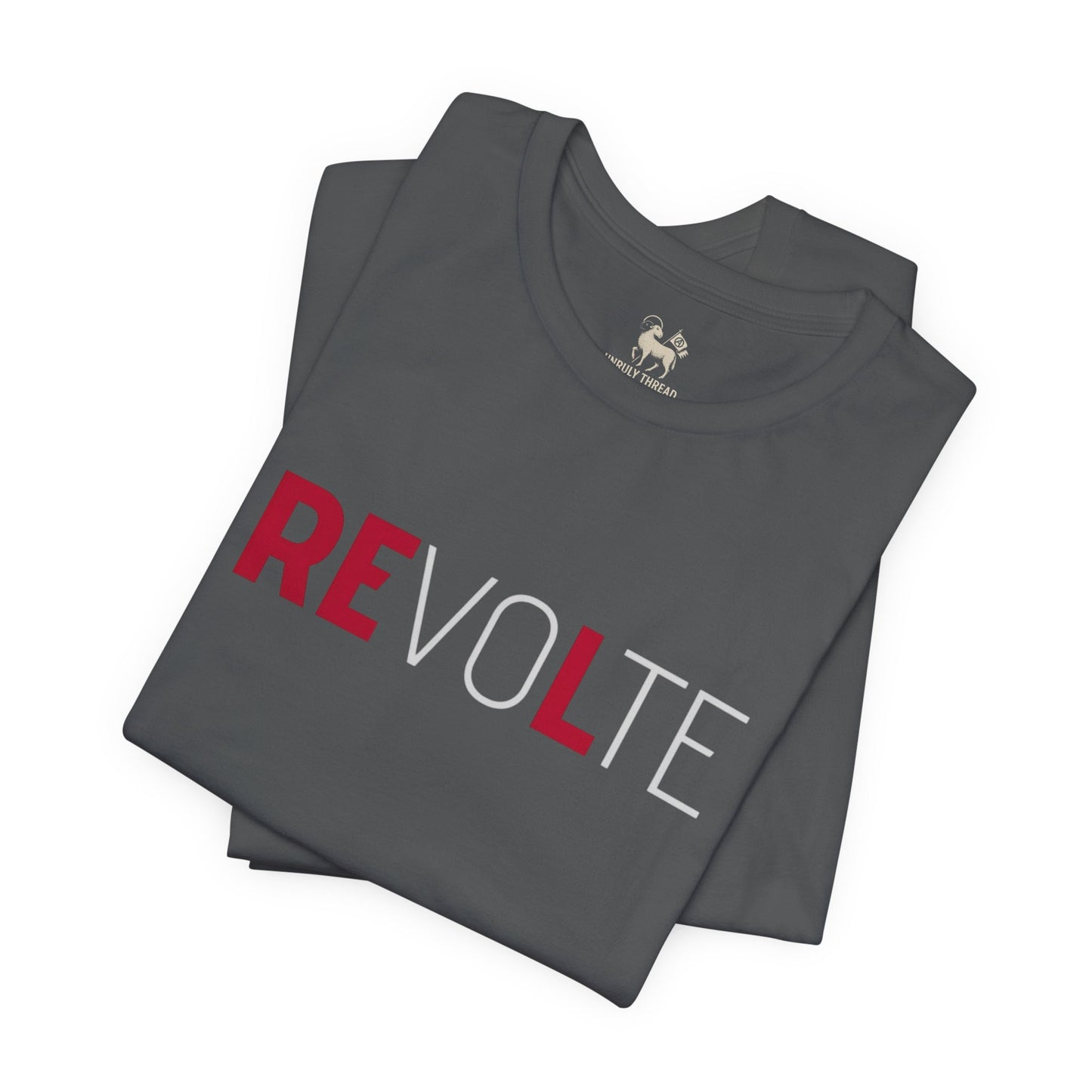 Vintage black VOTE → REVOLT Truth Demand tee by Unruly Thread — REVOLT chest print, RE in red.