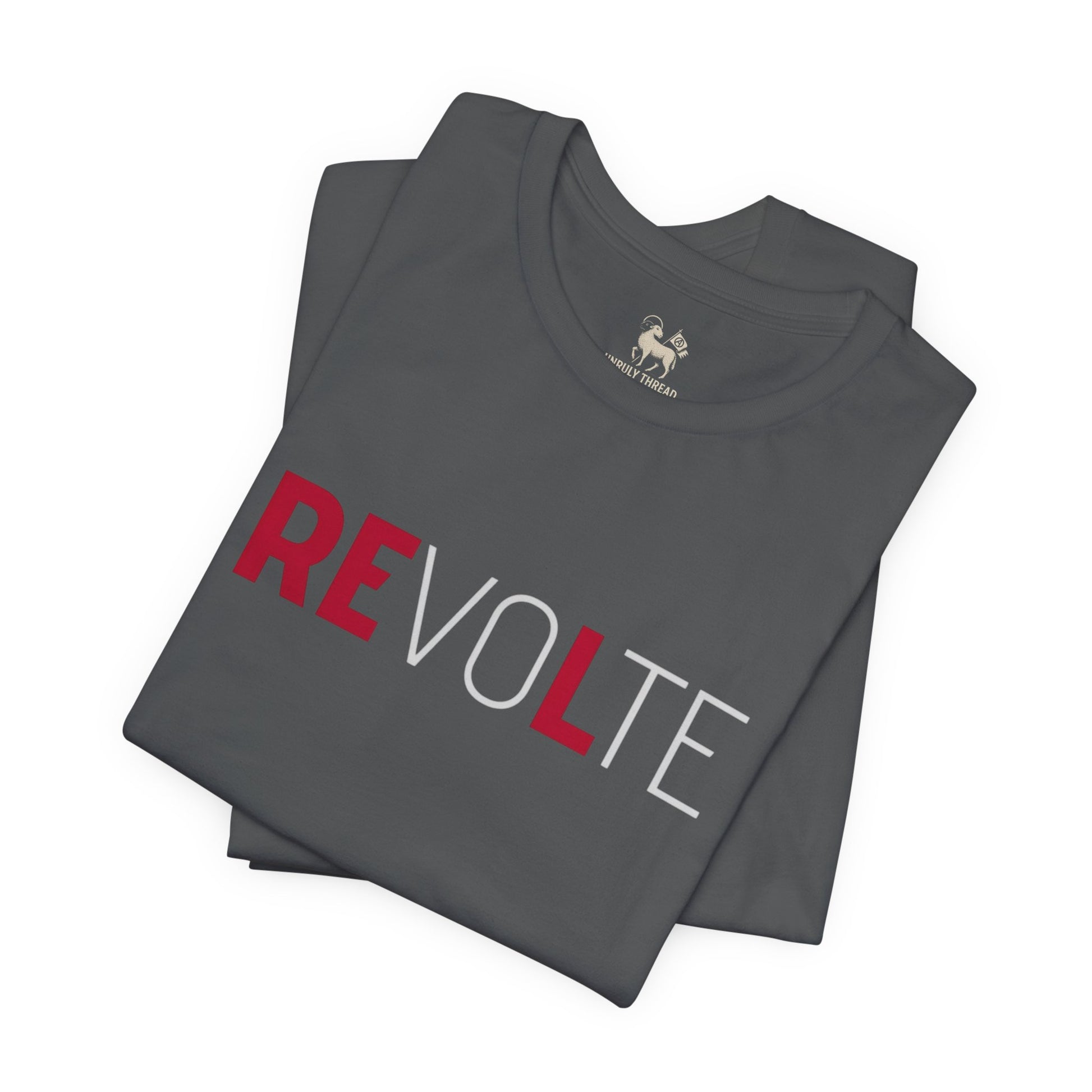 Vintage black VOTE → REVOLT Truth Demand tee by Unruly Thread — REVOLT chest print, RE in red.