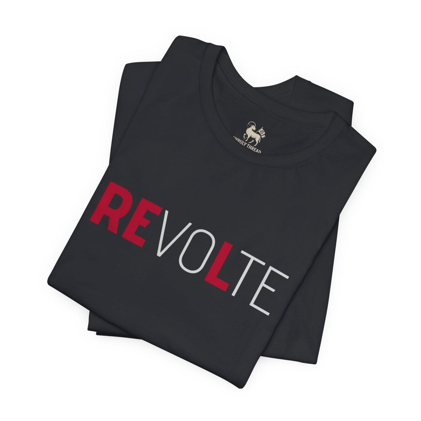 Black VOTE → REVOLT Truth Demand tee by Unruly Thread — REVOLT chest print, RE in red.