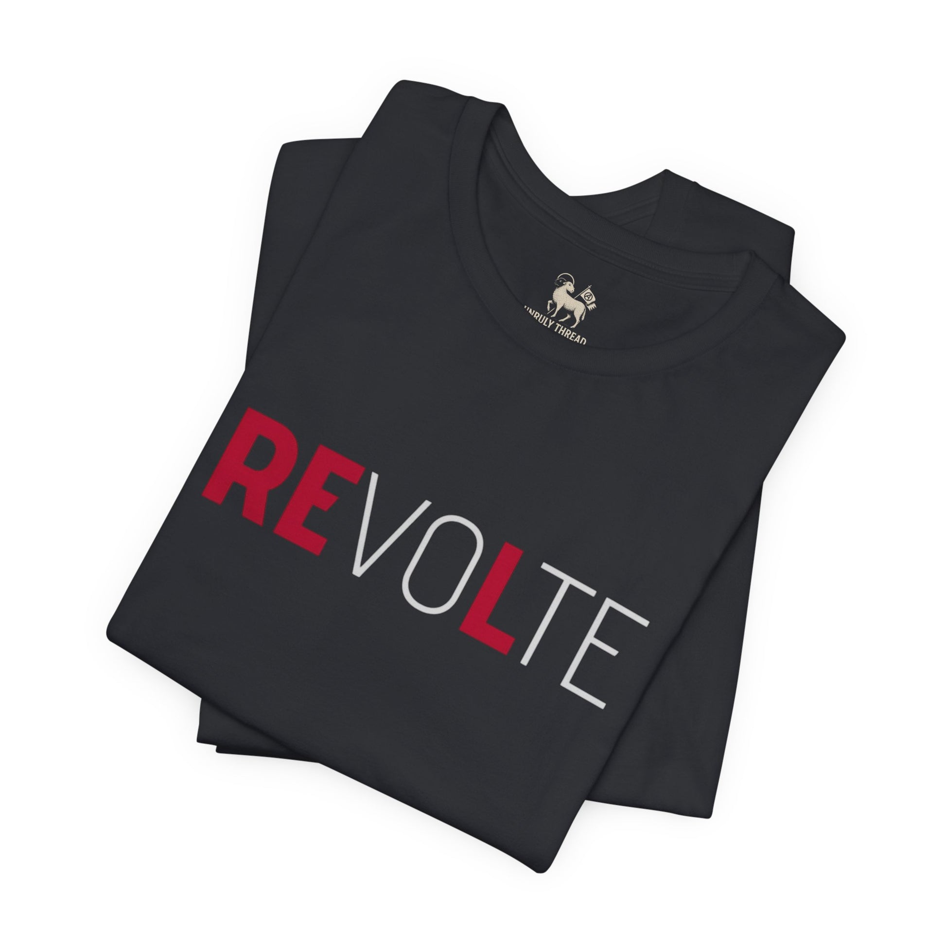 Black VOTE → REVOLT Truth Demand tee by Unruly Thread — REVOLT chest print, RE in red.