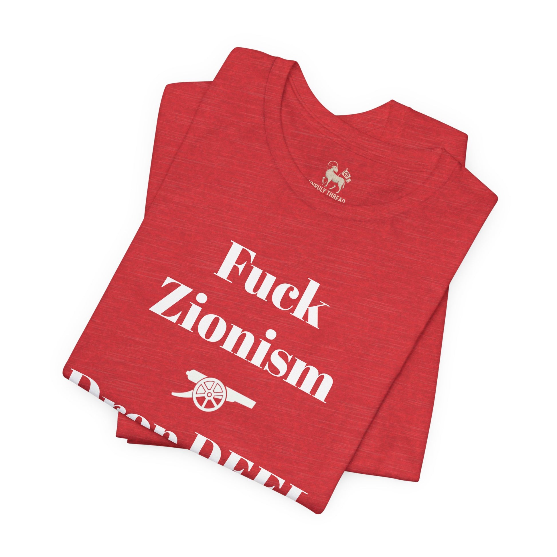 Heather navy Fuck Zionism Drop Deel Arsenal tee by Unruly Thread — off-white type, Arsenal cannon, three-line chest print.