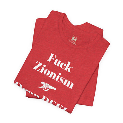 Heather navy Fuck Zionism Drop Deel Arsenal tee by Unruly Thread — off-white type, Arsenal cannon, three-line chest print.