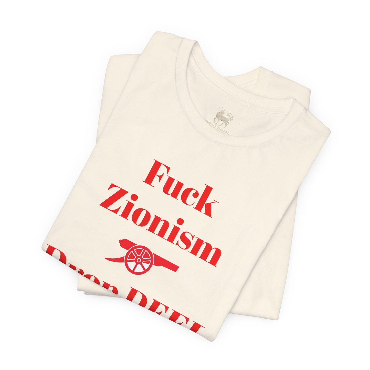 Back collar tag detail of the Fuck Zionism Drop Deel Arsenal tee by Unruly Thread.