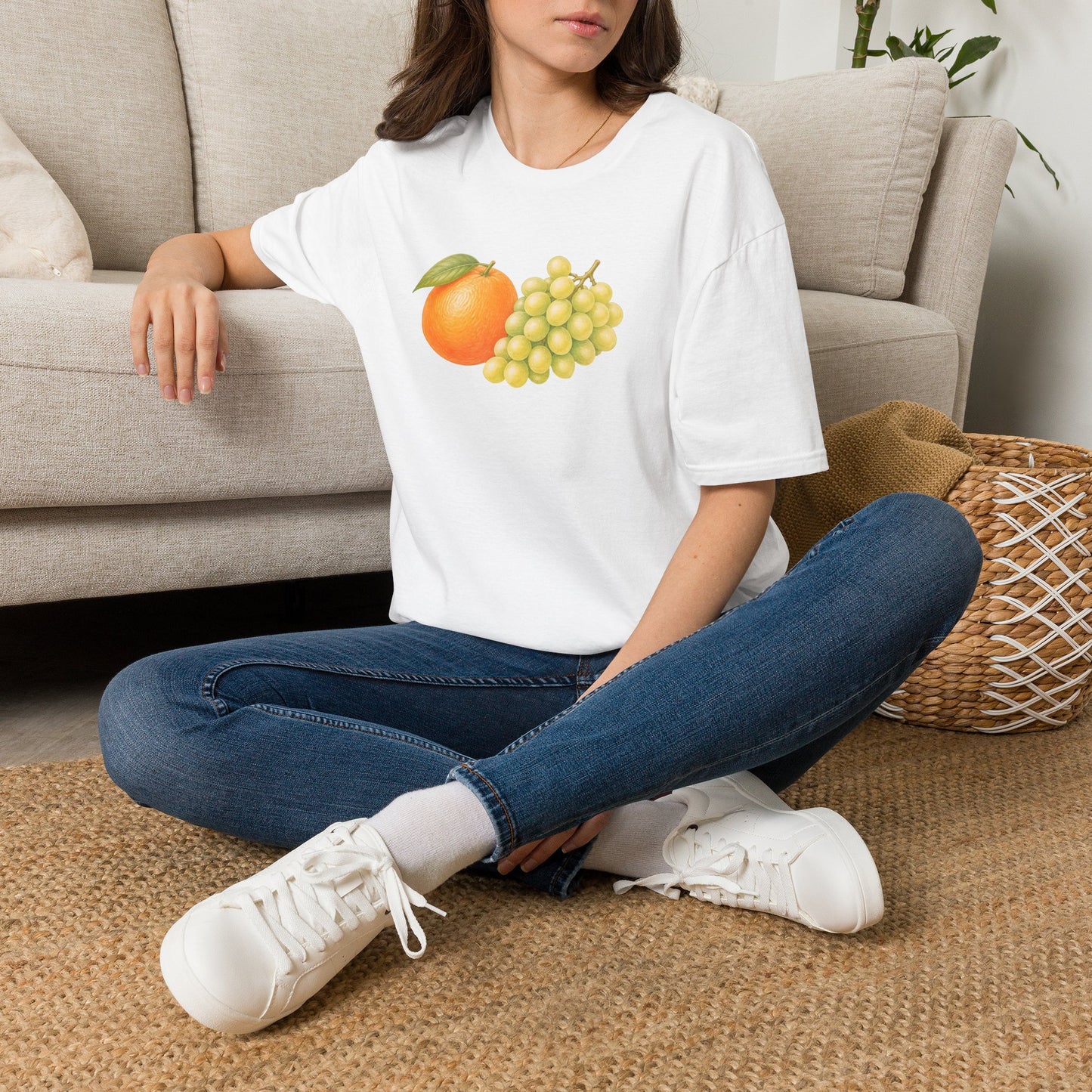 Unruly Thread Orange Grapes still-life graphic tee, white colorway.