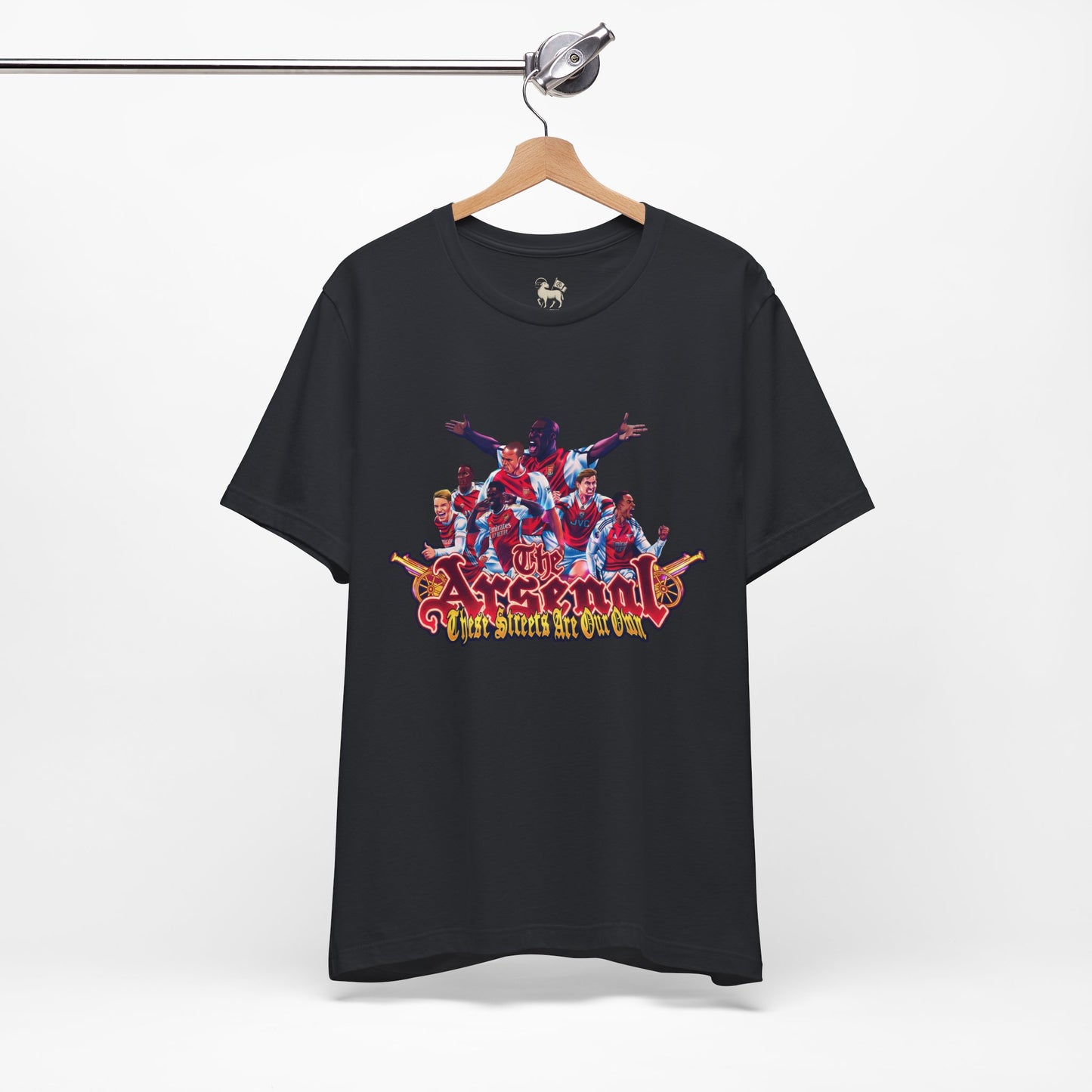 Flat lay of the Arsenal These Streets Are Our Own tifo tee by Unruly Thread — North London Derby chest print.