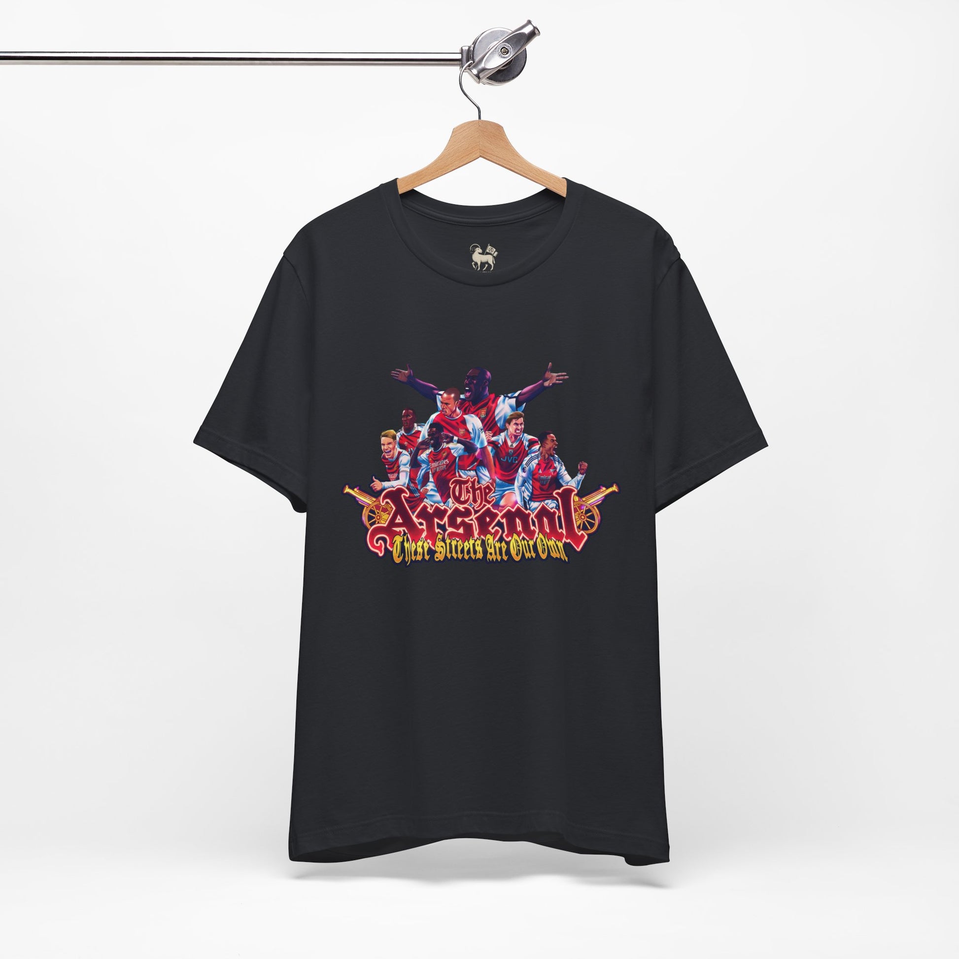 Flat lay of the Arsenal These Streets Are Our Own tifo tee by Unruly Thread — North London Derby chest print.
