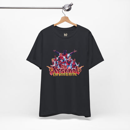 Flat lay of the Arsenal These Streets Are Our Own tifo tee by Unruly Thread — North London Derby chest print.