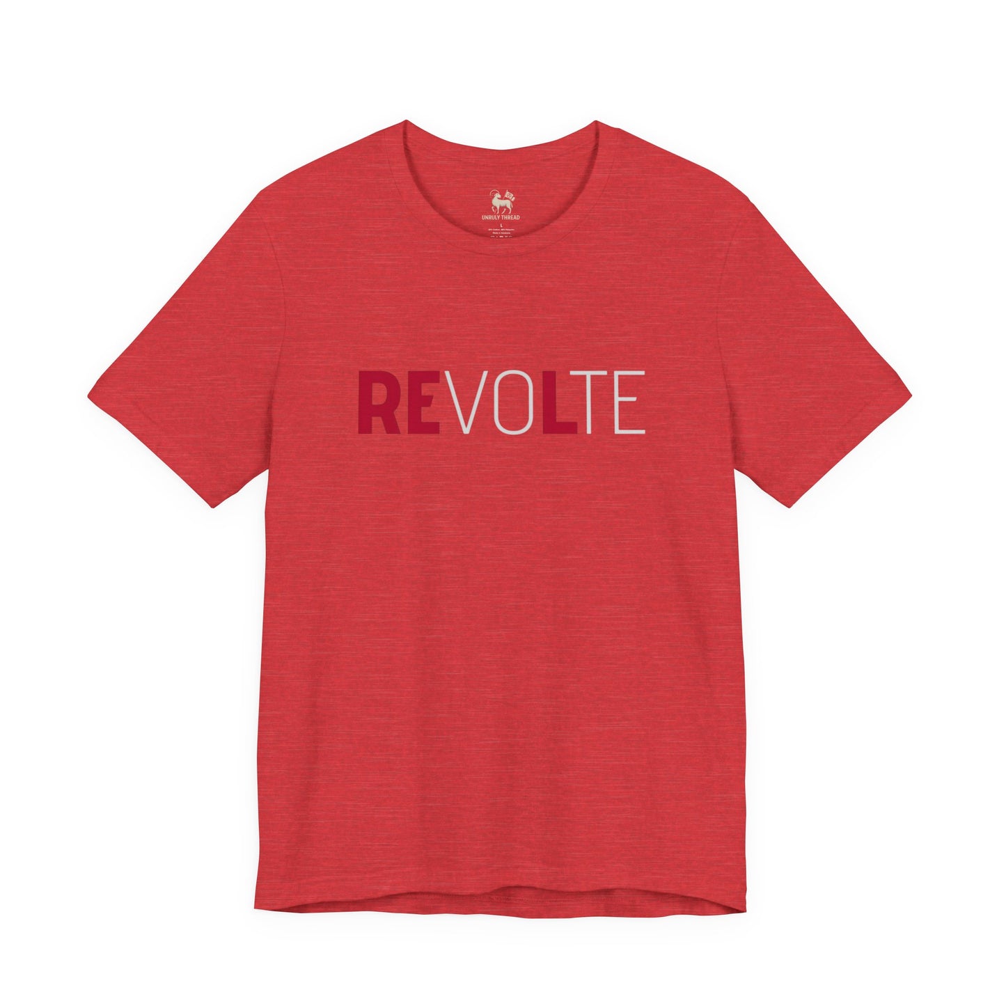 Heather navy VOTE → REVOLT Truth Demand tee by Unruly Thread — REVOLT chest print, RE in red.