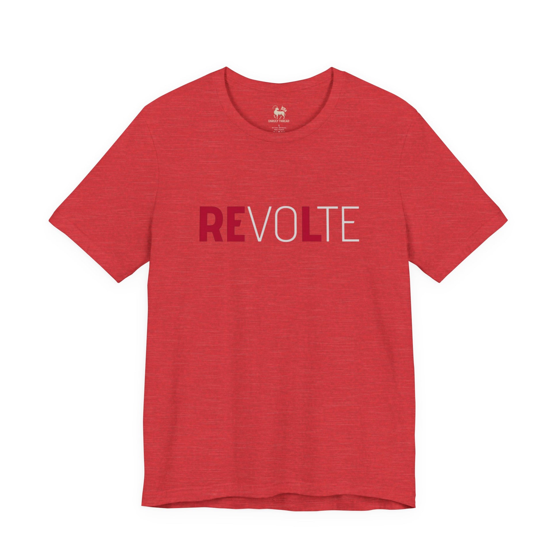 Heather navy VOTE → REVOLT Truth Demand tee by Unruly Thread — REVOLT chest print, RE in red.