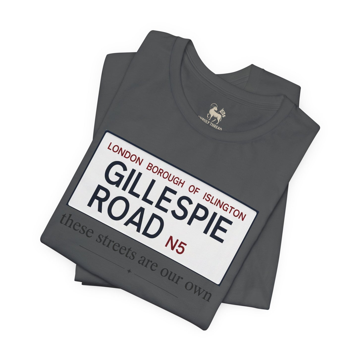 Asphalt grey Gillespie Road Arsenal street sign tee by Unruly Thread — chest print detail.