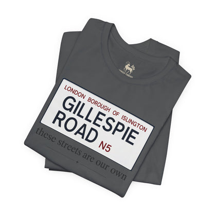 Asphalt grey Gillespie Road Arsenal street sign tee by Unruly Thread — chest print detail.