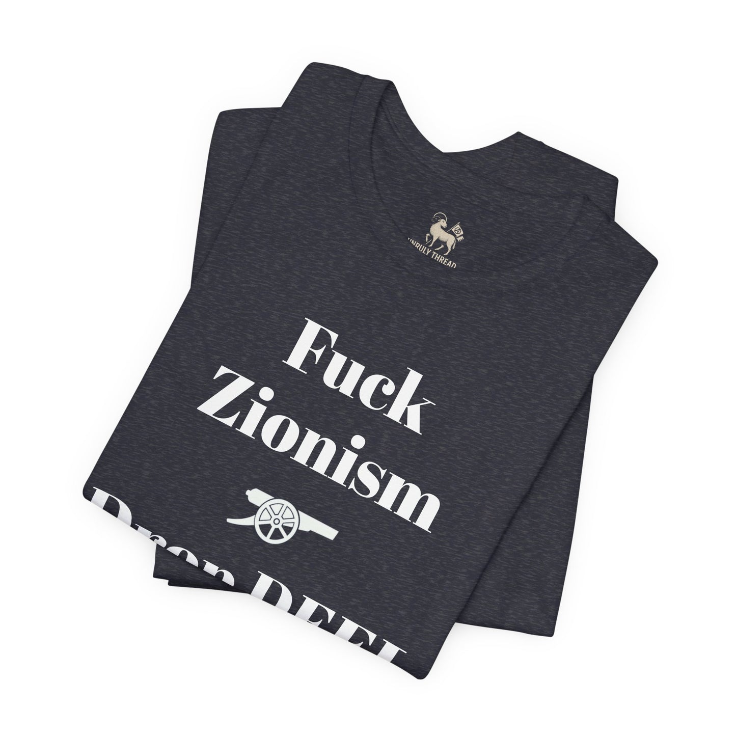 Front collar detail of the Fuck Zionism Drop Deel Arsenal tee by Unruly Thread.