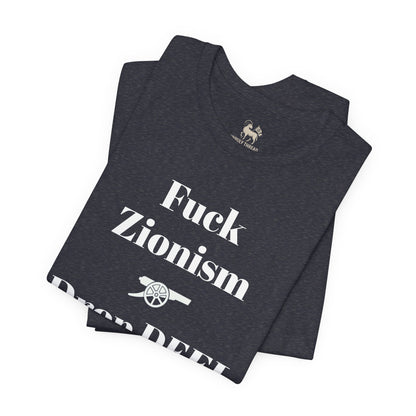 Front collar detail of the Fuck Zionism Drop Deel Arsenal tee by Unruly Thread.