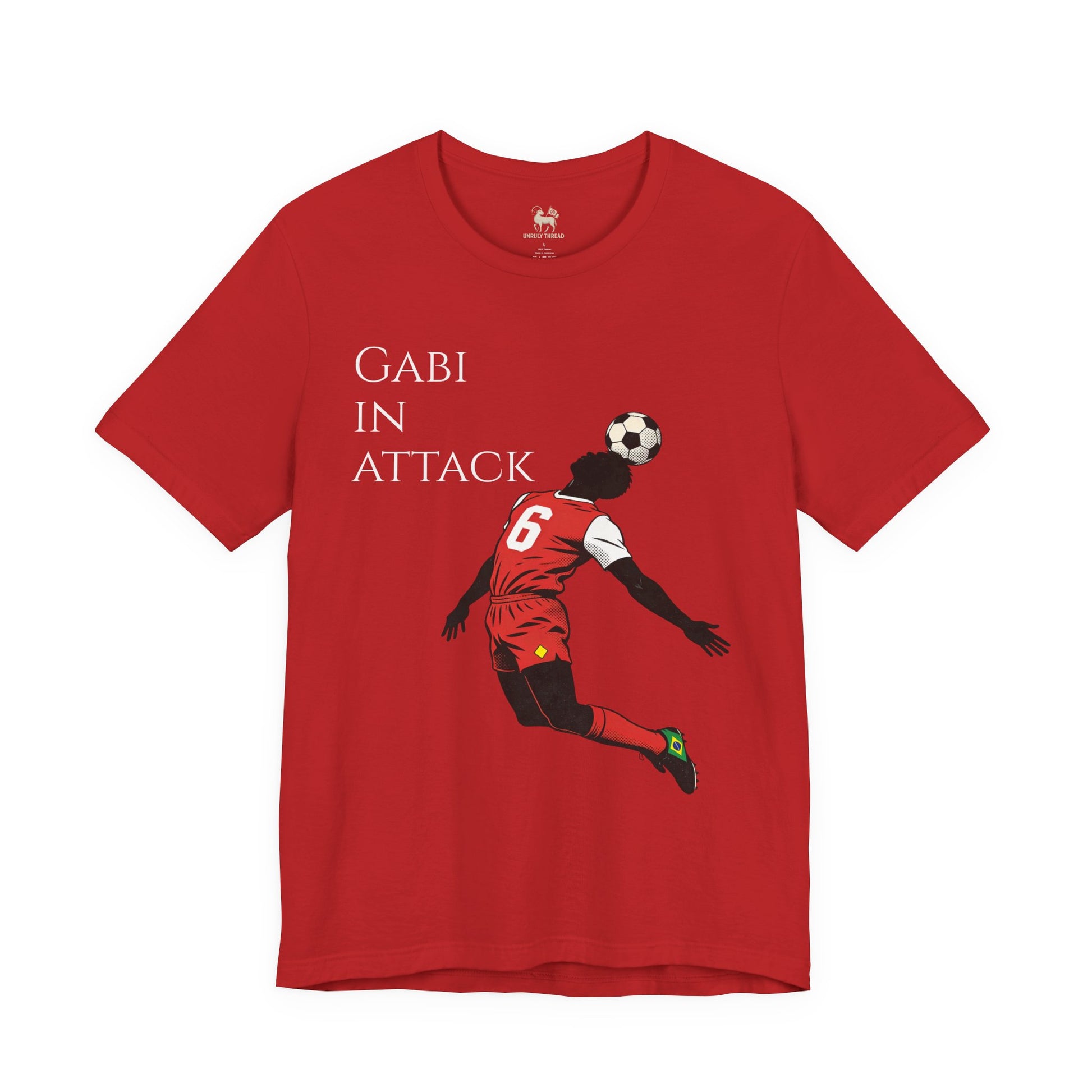 Lifestyle view of the Gabi at the Back, Gabi in Attack Arsenal chant tee by Unruly Thread — cartoon Arsenal number 6 chest print visible.