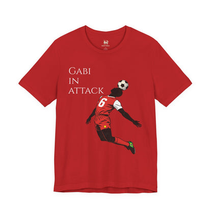 Lifestyle view of the Gabi at the Back, Gabi in Attack Arsenal chant tee by Unruly Thread — cartoon Arsenal number 6 chest print visible.