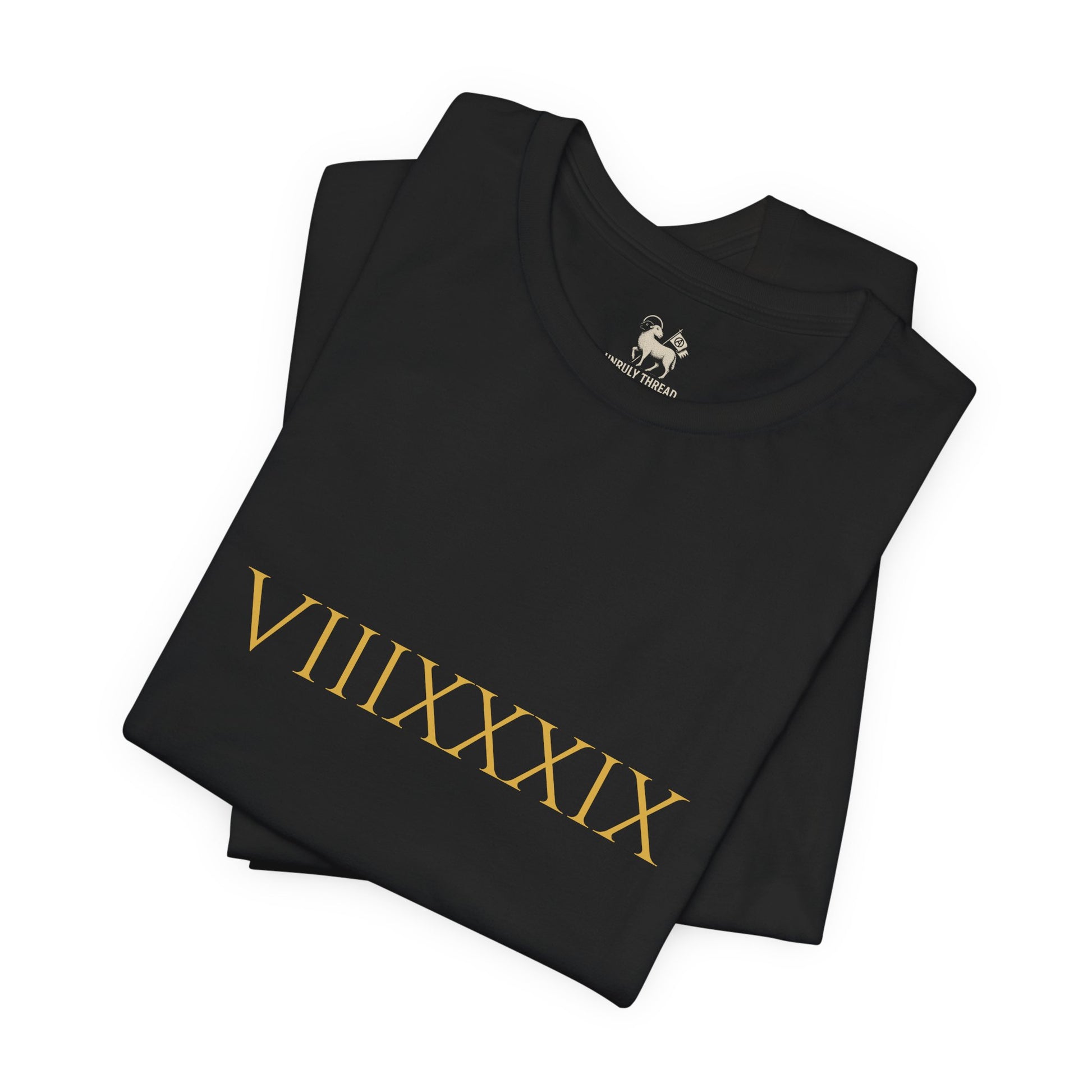 Black colorway of the Invincibles to Unforgettables VIIIXXXIX tee — cannon-gold Roman numerals on the chest, Arsenal Premier League champions shirt by Unruly Thread.
