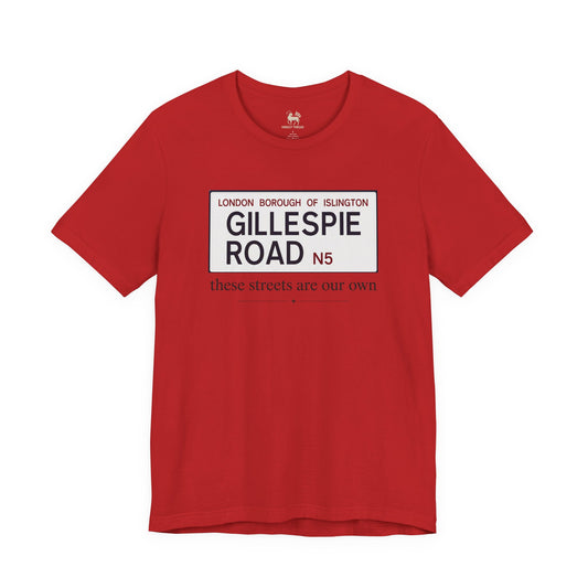 Red Gillespie Road Arsenal N5 tee by Unruly Thread — these streets are our own, north London terrace culture.