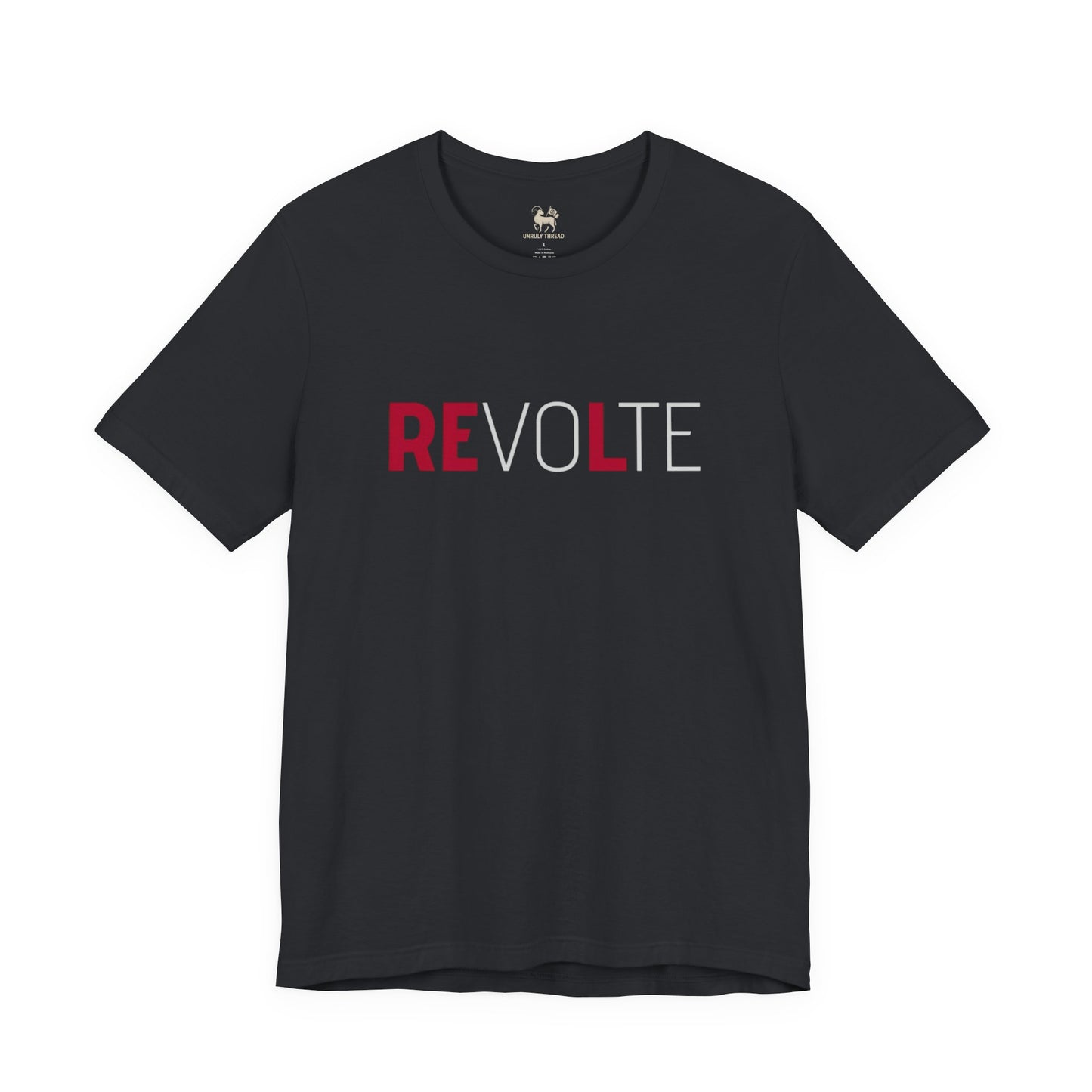 VOTE → REVOLT tee by Unruly Thread — close detail of the REVOLT chest print with the faded VOTE letters surfacing into bold REVOLT.