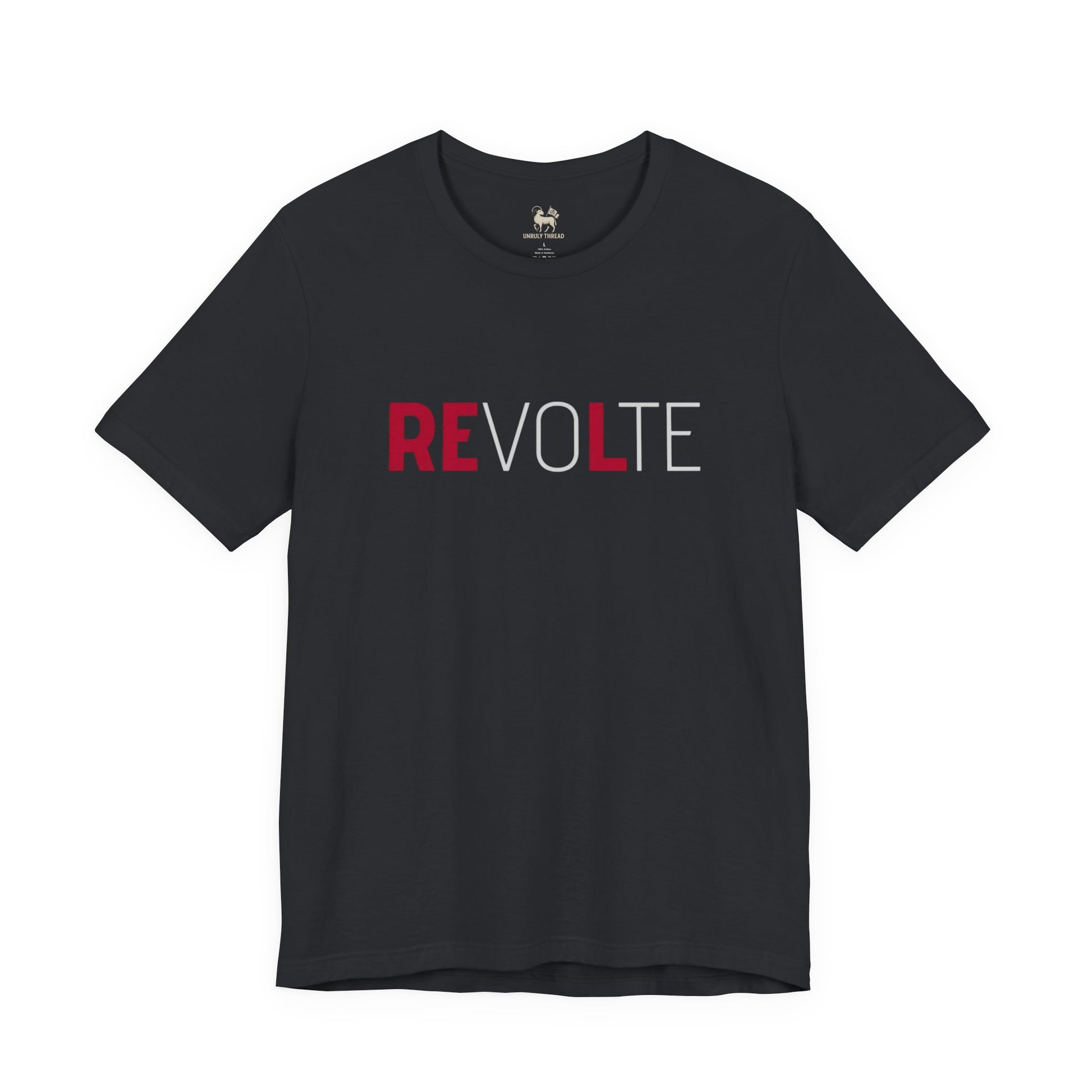 VOTE → REVOLT tee by Unruly Thread — close detail of the REVOLT chest print with the faded VOTE letters surfacing into bold REVOLT.