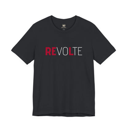 VOTE → REVOLT tee by Unruly Thread — close detail of the REVOLT chest print with the faded VOTE letters surfacing into bold REVOLT.