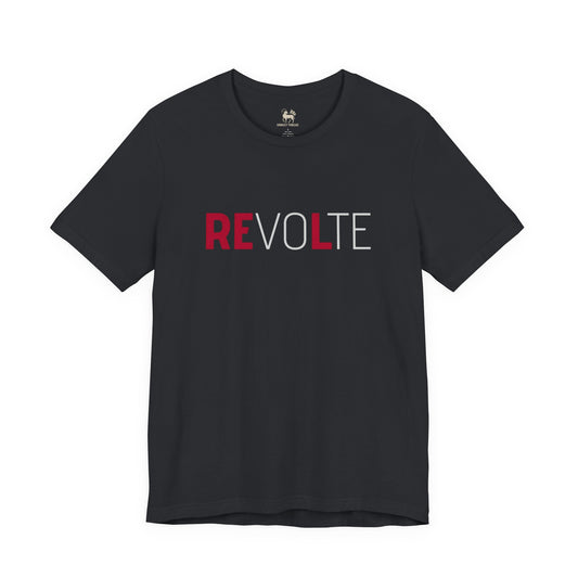 VOTE → REVOLT tee by Unruly Thread — close detail of the REVOLT chest print with the faded VOTE letters surfacing into bold REVOLT.