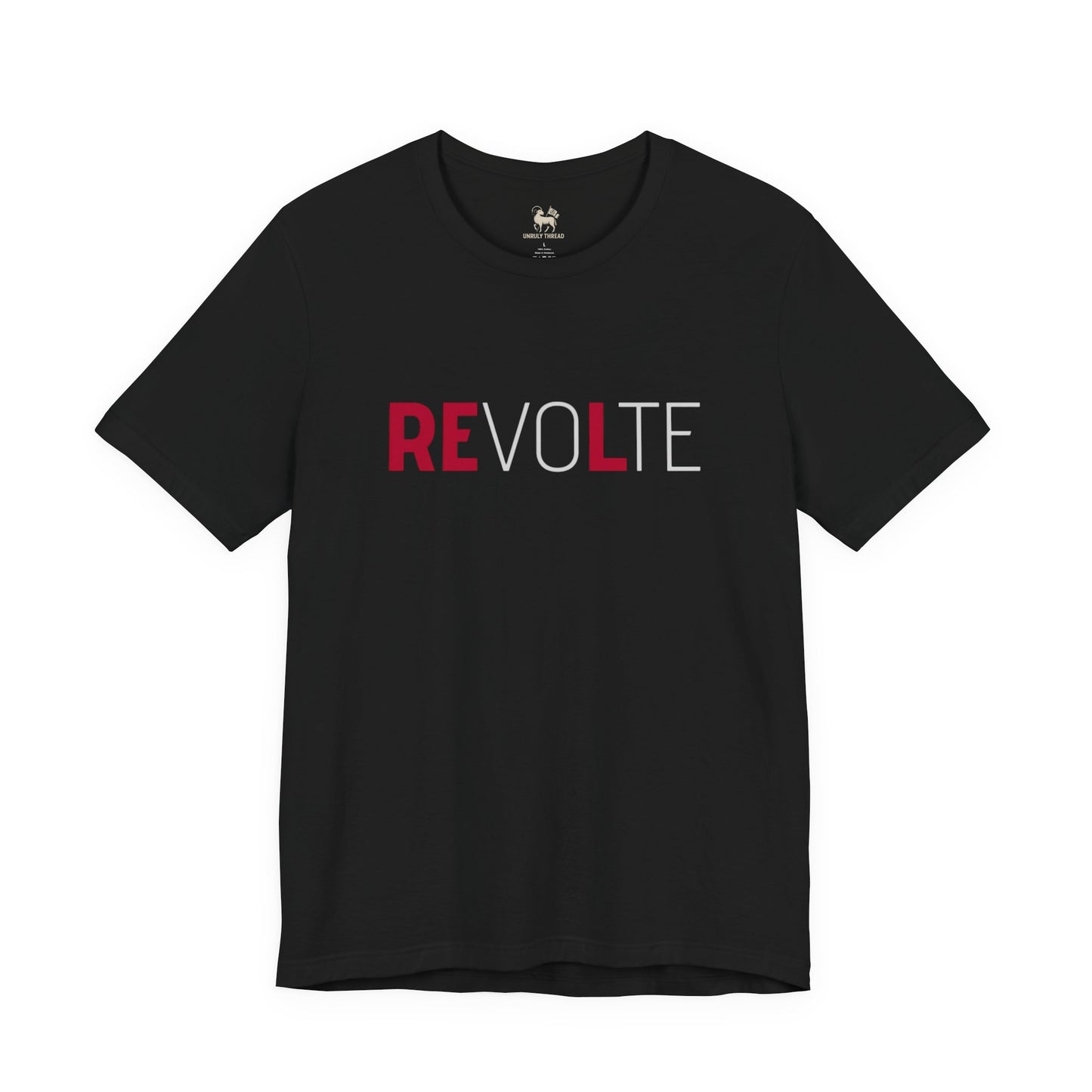 Detail of the REVOLT chest print on the VOTE → REVOLT tee — the verdict design.