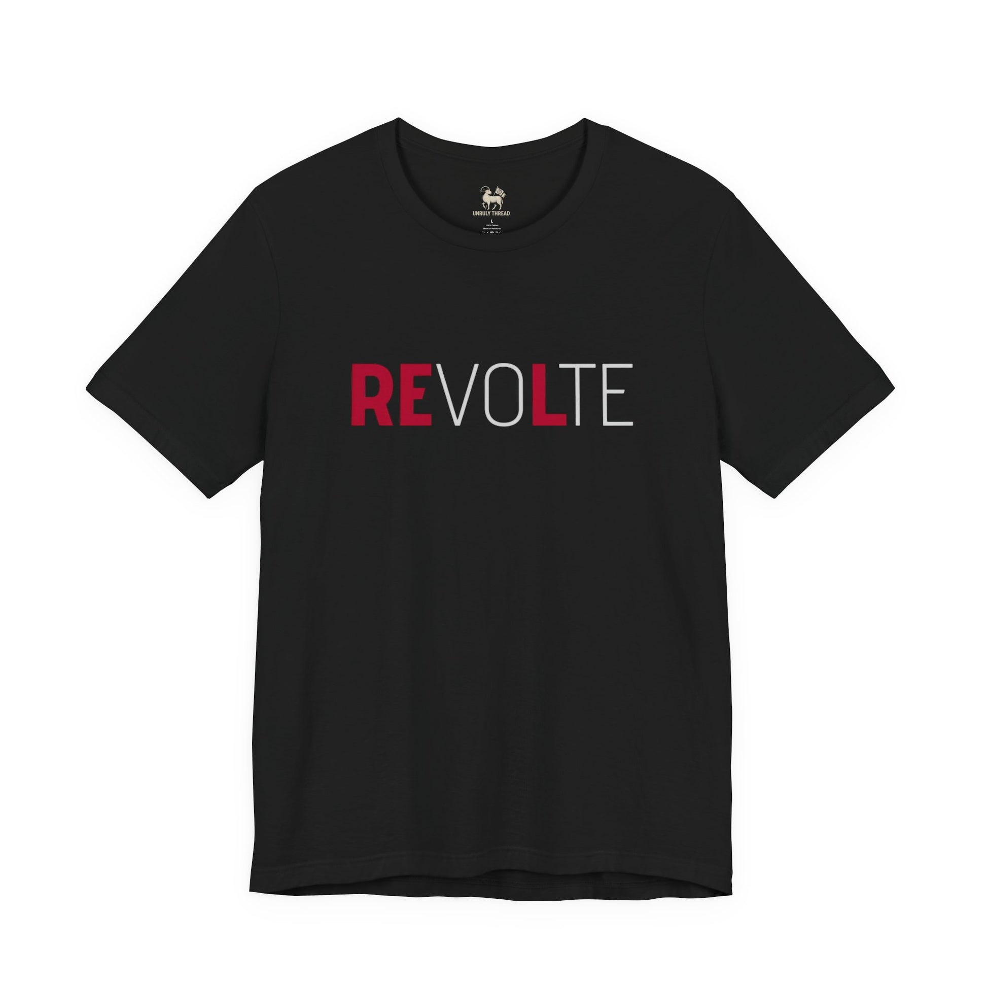 Detail of the REVOLT chest print on the VOTE → REVOLT tee — the verdict design.