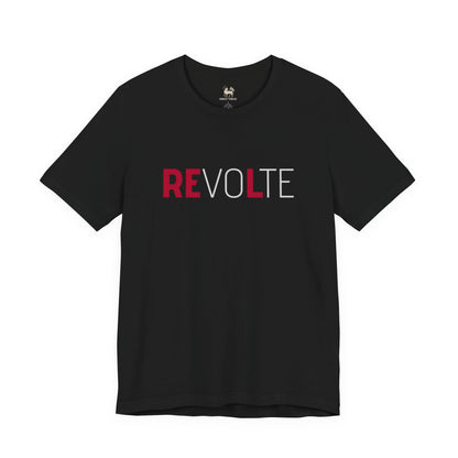 Detail of the REVOLT chest print on the VOTE → REVOLT tee — the verdict design.