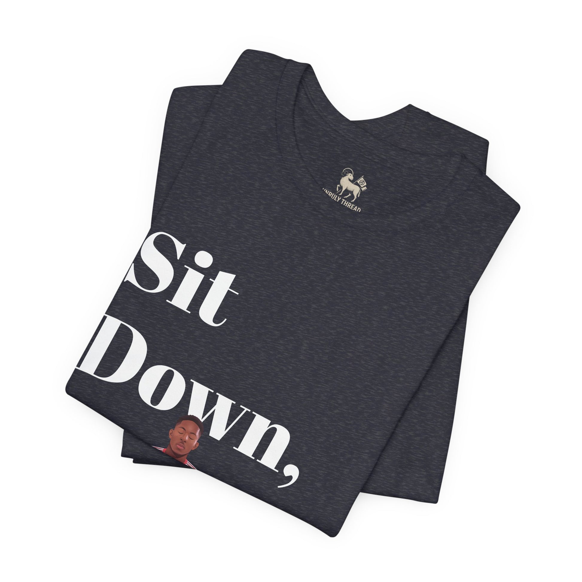 Lifestyle view of the Sit Down, Be Humble Arsenal tee by Unruly Thread — chest print visible.