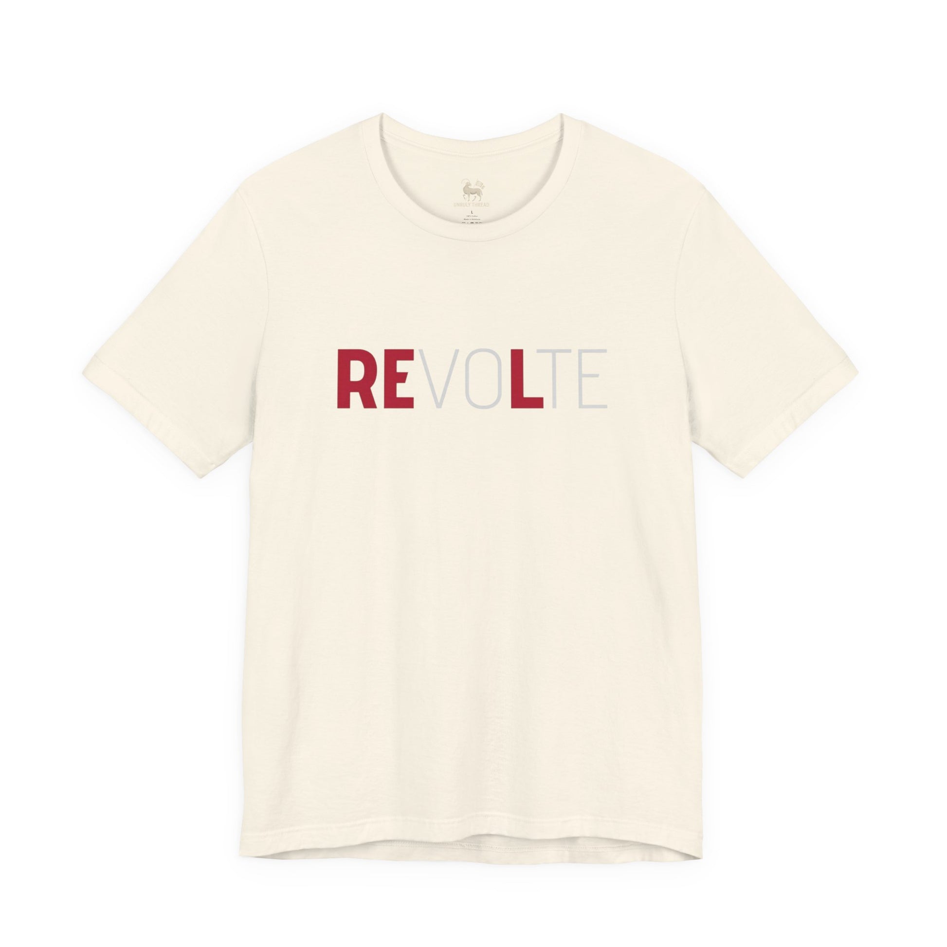 Front view of the VOTE → REVOLT Truth Demand tee by Unruly Thread — REVOLT chest print.