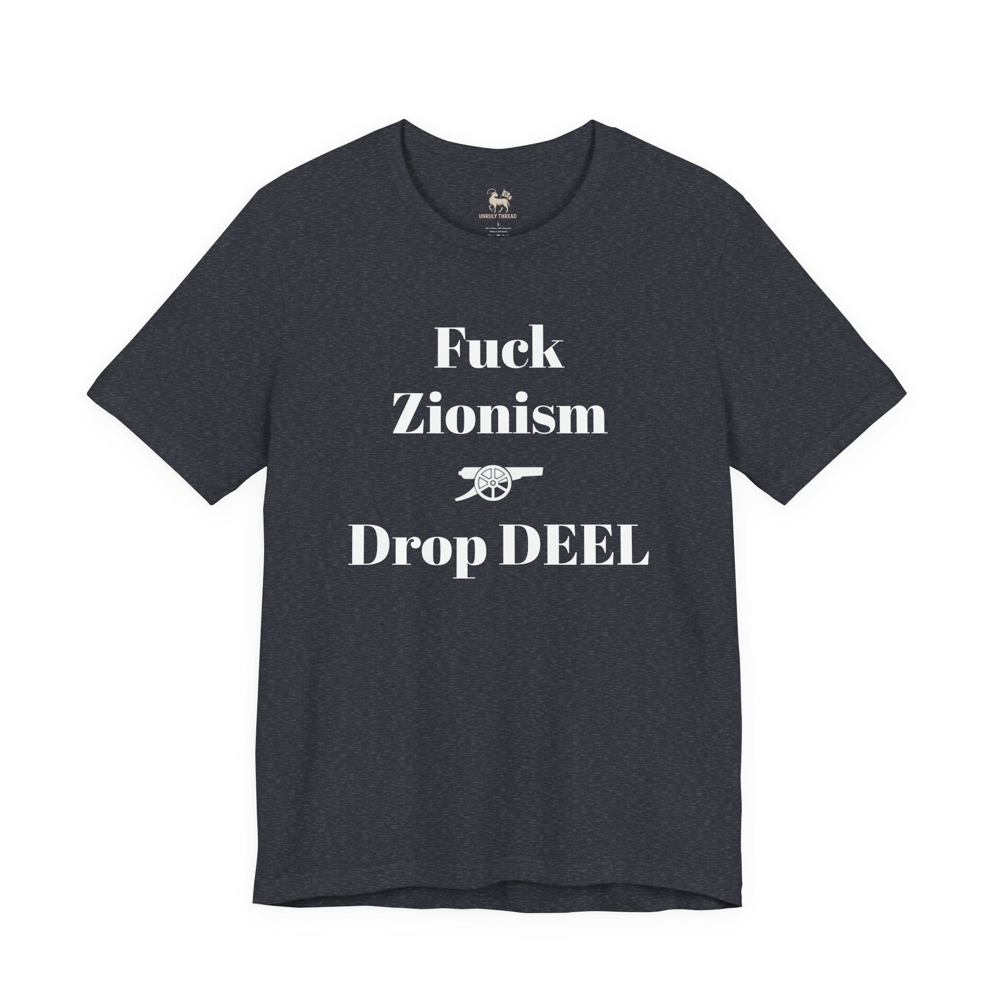 Hanging view of the Fuck Zionism Drop Deel Arsenal tee by Unruly Thread.