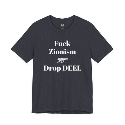 Hanging view of the Fuck Zionism Drop Deel Arsenal tee by Unruly Thread.
