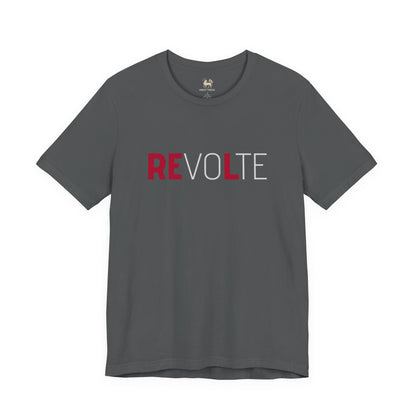 Asphalt grey VOTE → REVOLT Truth Demand tee by Unruly Thread — REVOLT chest print, RE in red.