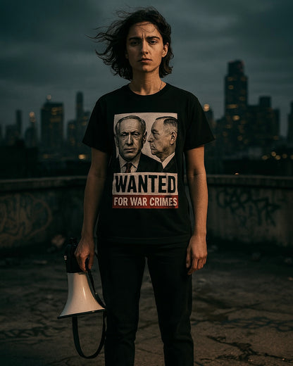 WANTED For War Crimes tee by Unruly Thread — black tee with a grayscale booking mugshot of Netanyahu, straight-on and in profile, under WANTED and a red FOR WAR CRIMES banner.