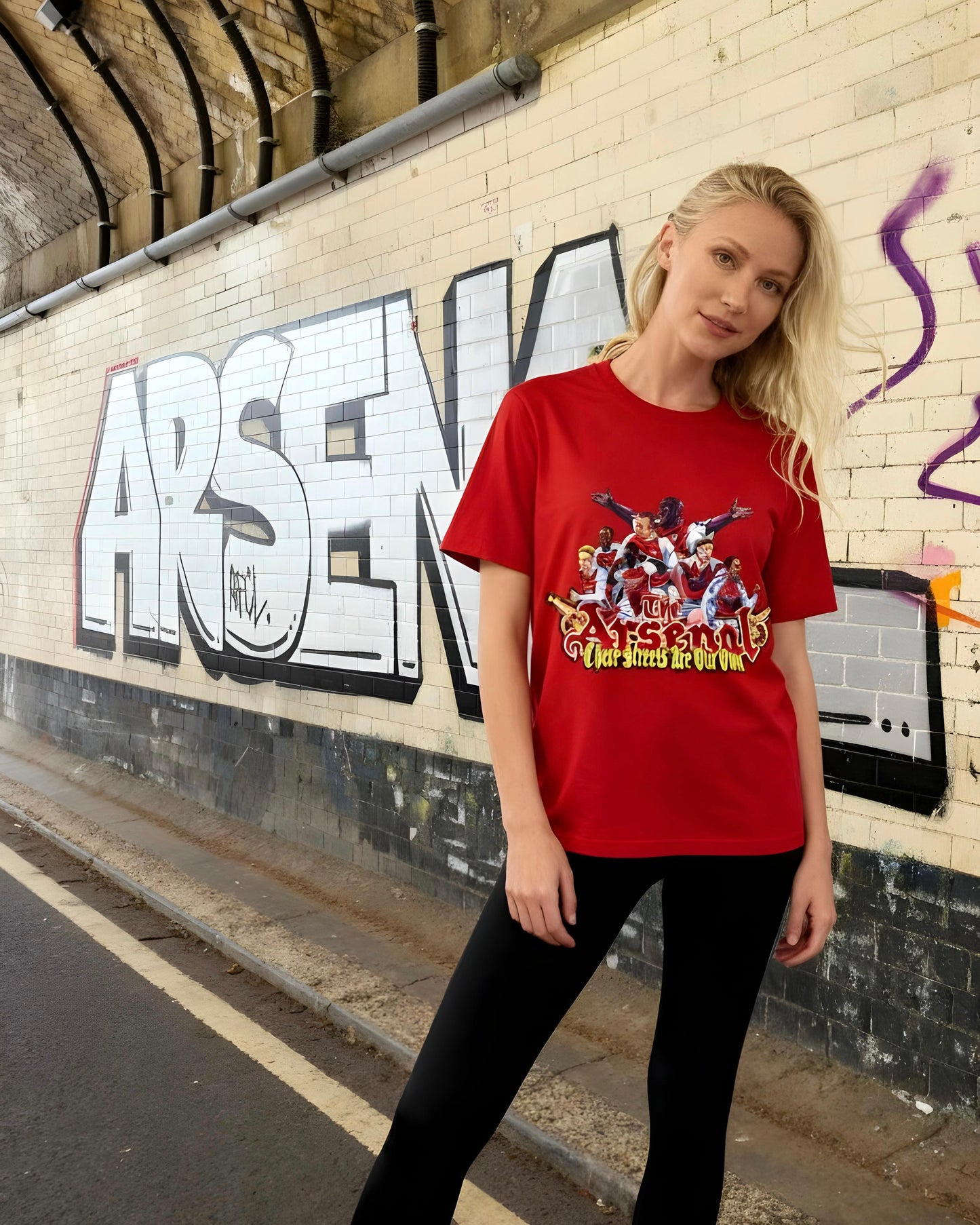 Front view of the These Streets Are Our Own Arsenal tifo tee — North Bank derby-day shirt by Unruly Thread.