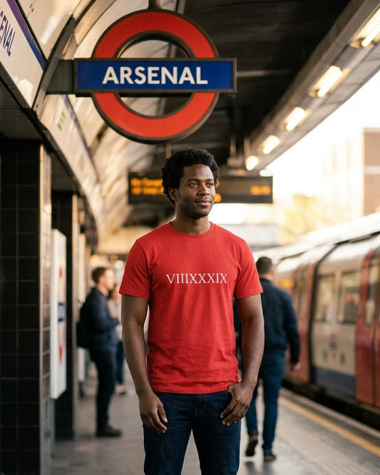 Invincibles to Unforgettables VIIIXXXIX t-shirt by Unruly Thread — Roman numerals across the chest counting 8,039 days between Arsenal's last two Premier League titles, front view.
