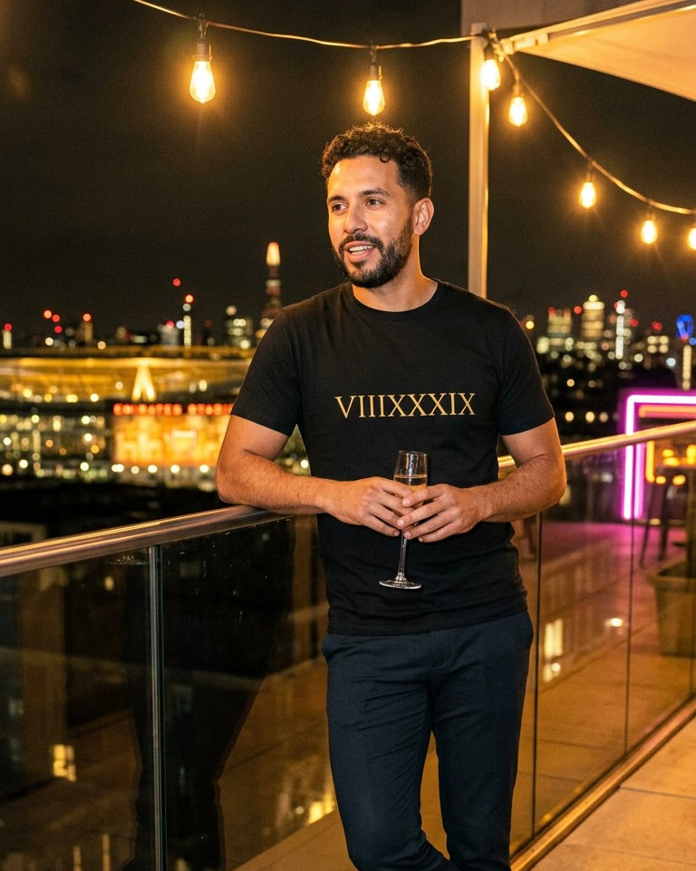 Three-quarter view of the Invincibles to Unforgettables Arsenal champions t-shirt — VIIIXXXIX numerals, classic Roman font, by Unruly Thread.
