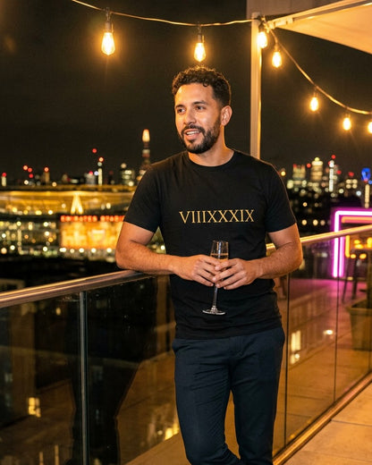 Three-quarter view of the Invincibles to Unforgettables Arsenal champions t-shirt — VIIIXXXIX numerals, classic Roman font, by Unruly Thread.