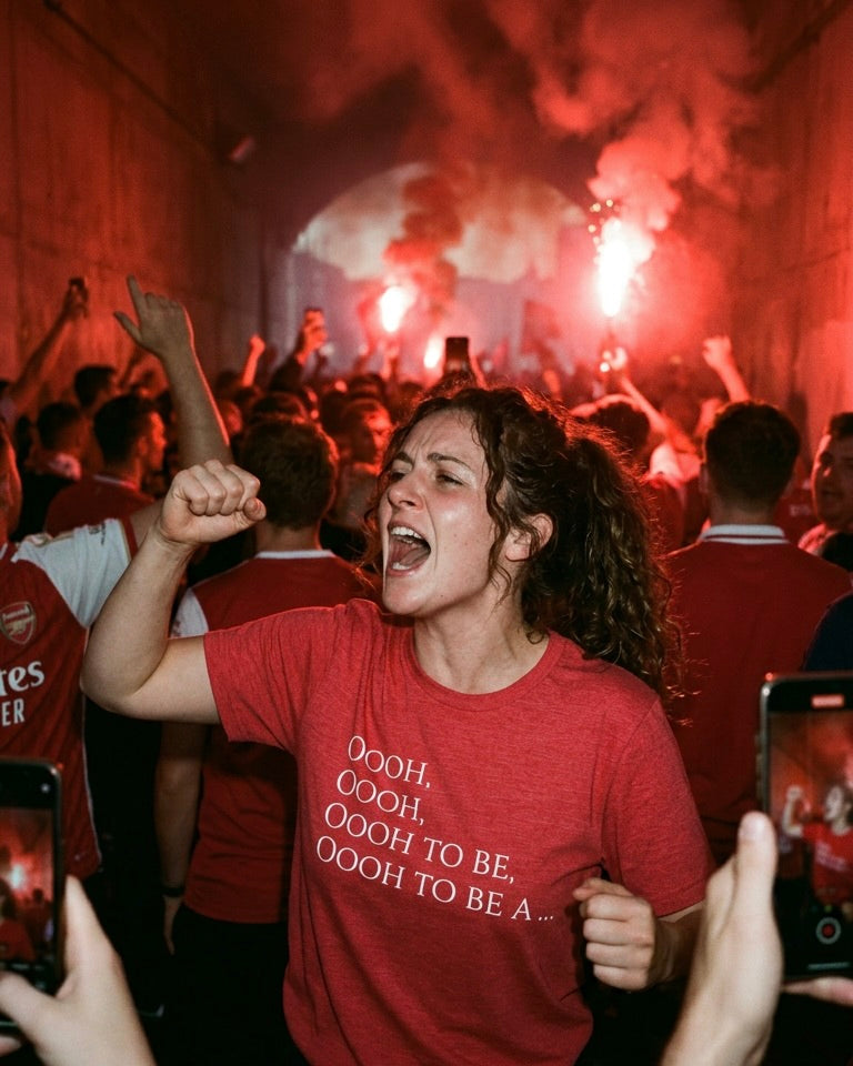 Front view of the Ooh to Be a Gooner Arsenal terrace chant t-shirt by Unruly Thread — chant lyrics stacked on the chest, classic serif typography.