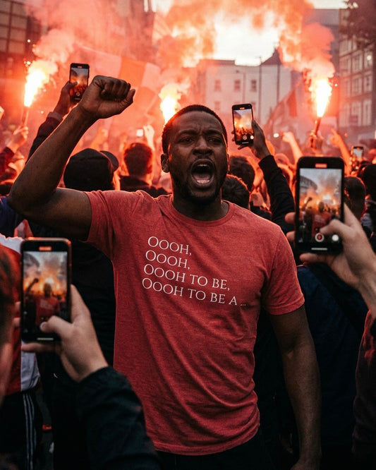 Detail view of the chant lyric chest print on the Ooh to Be a Gooner Arsenal tee by Unruly Thread.