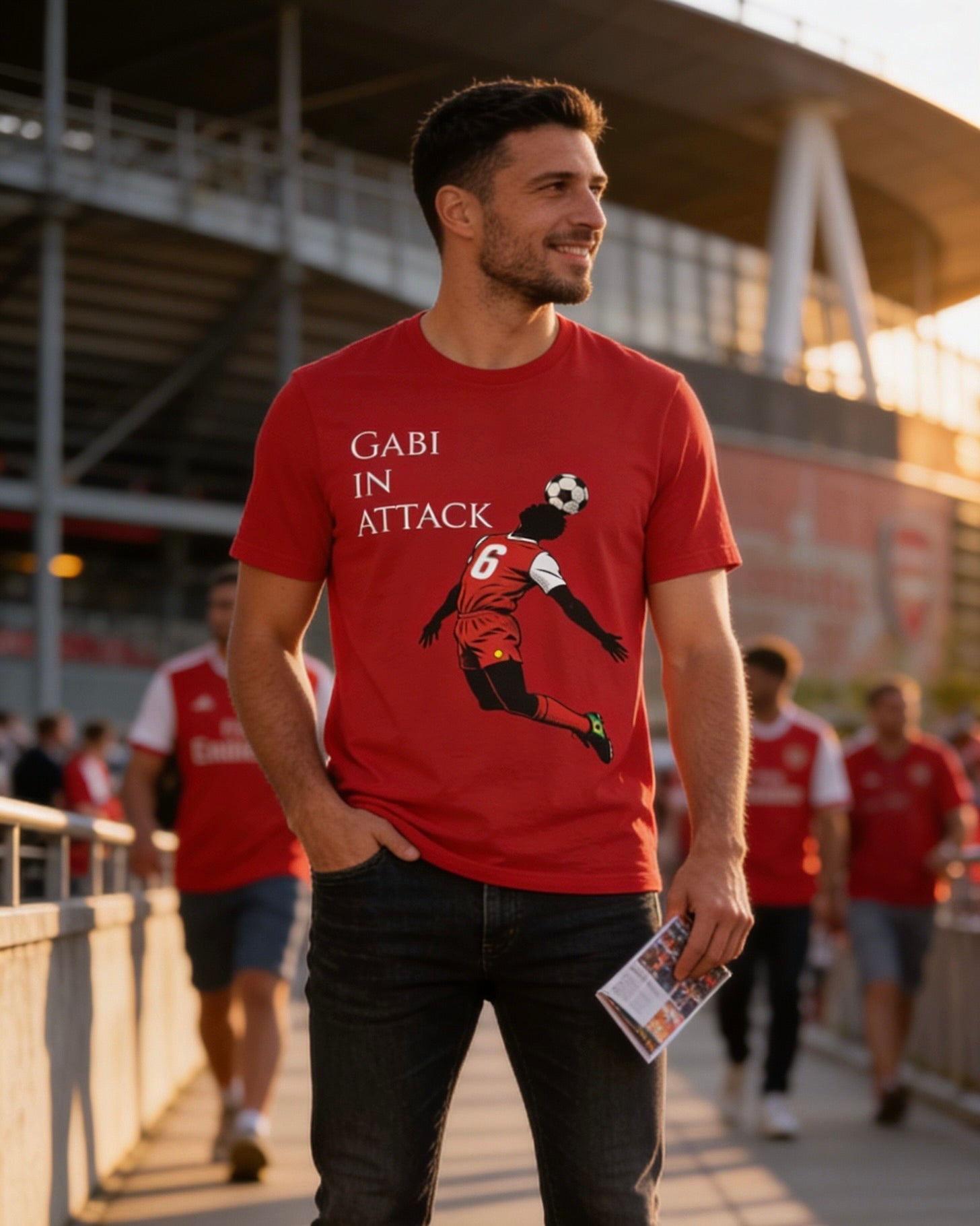 Heather Navy colorway of the Gabi at the Back, Gabi in Attack Arsenal chant tee by Unruly Thread — everyday terrace shirt honoring Gabriel Magalhães.