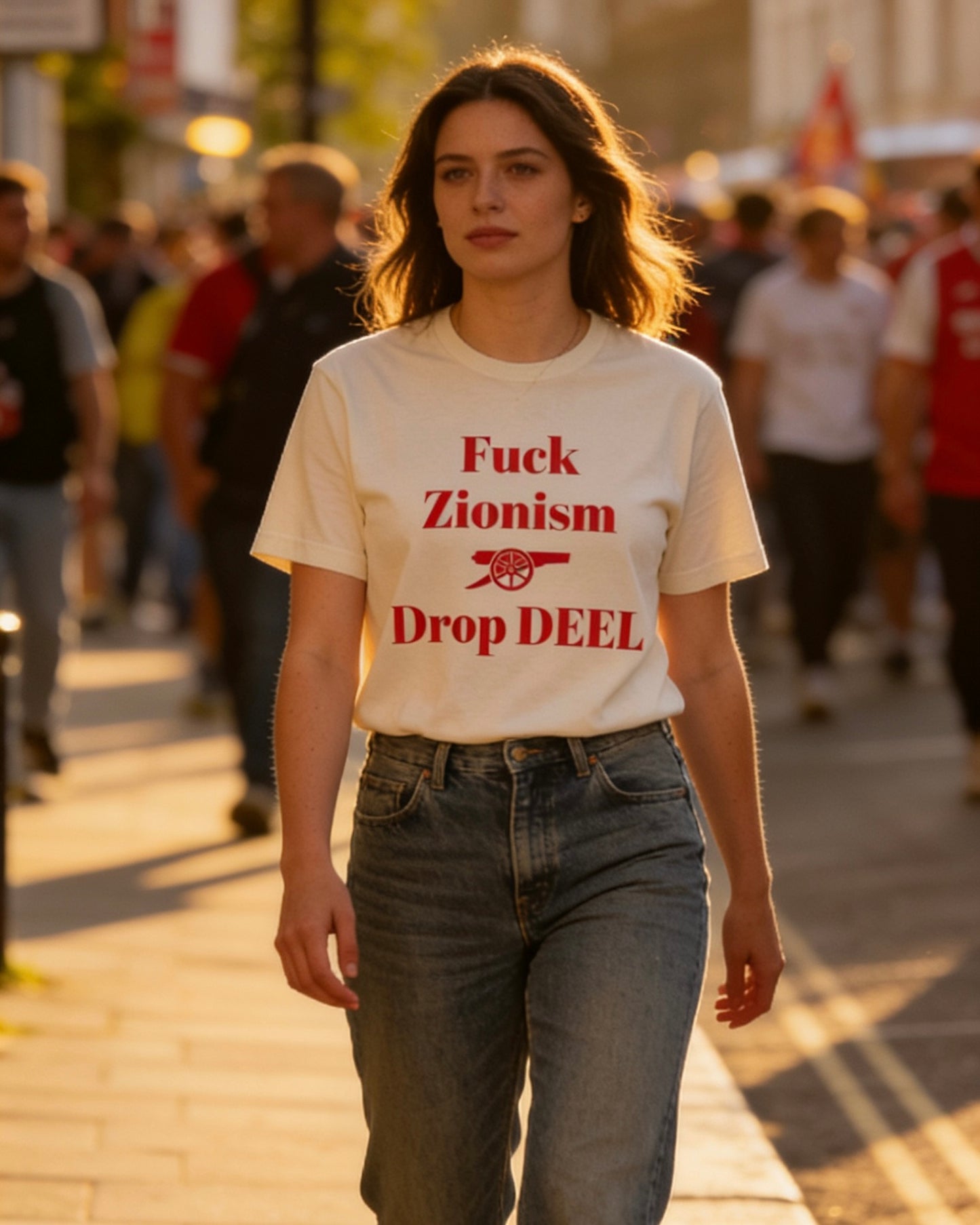 Detail of the chest print on the Fuck Zionism Drop Deel Arsenal tee — Arsenal cannon between the lines.