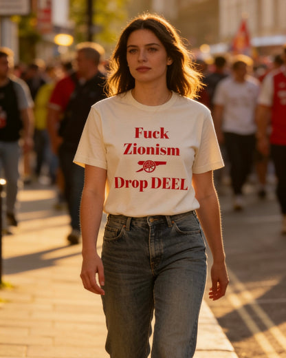 Detail of the chest print on the Fuck Zionism Drop Deel Arsenal tee — Arsenal cannon between the lines.