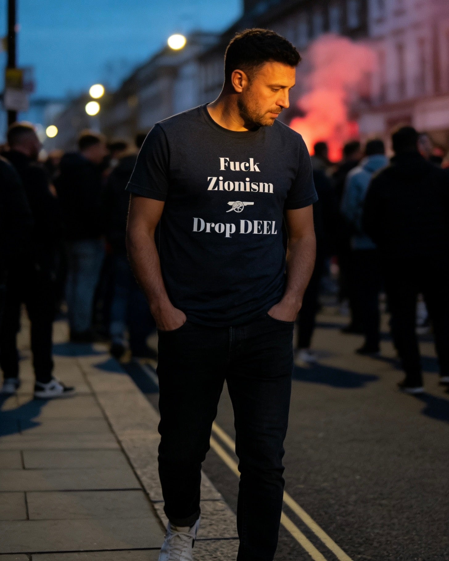 Folded view of the Fuck Zionism Drop Deel Arsenal tee by Unruly Thread.