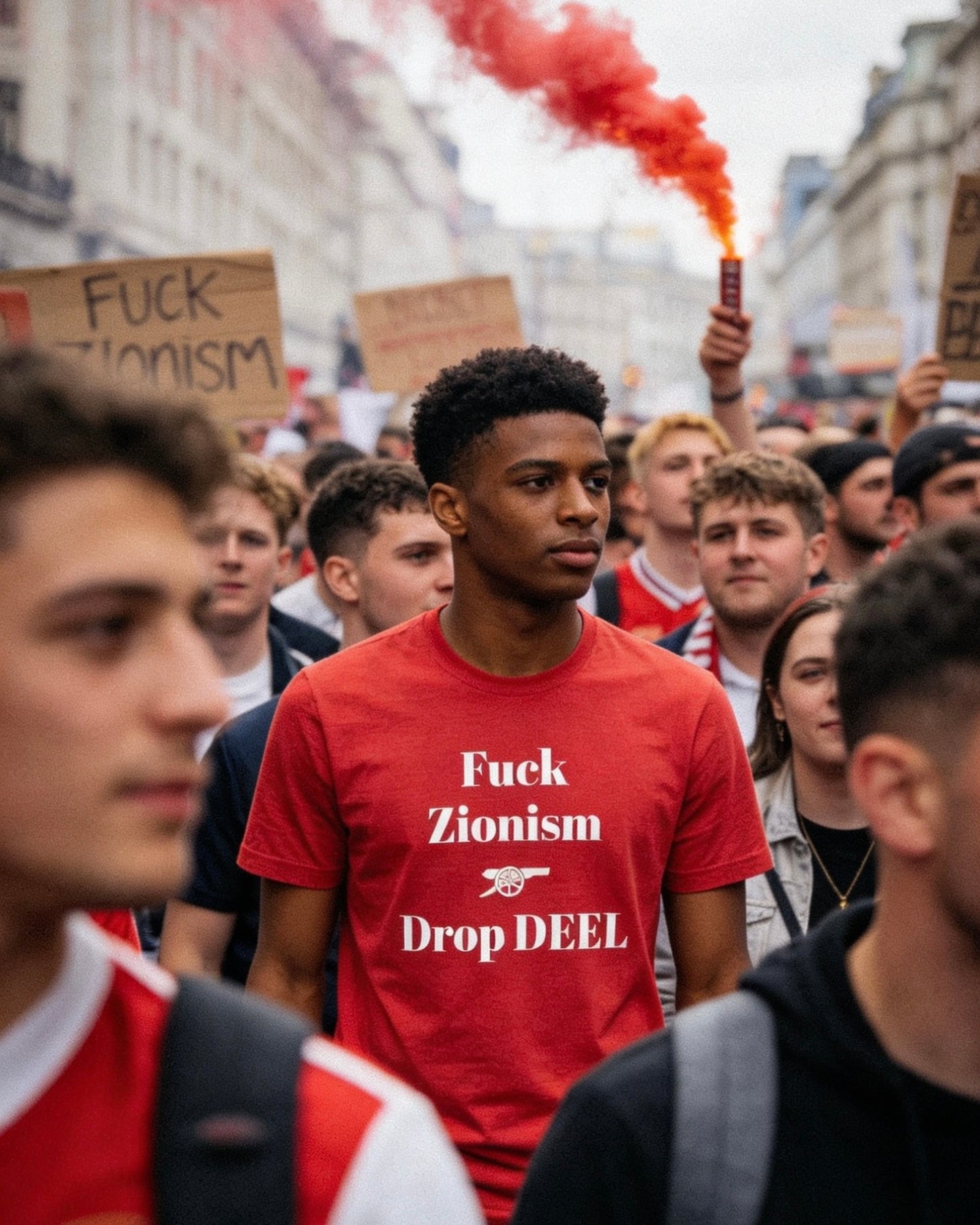 Heather red Fuck Zionism Drop Deel Arsenal tee by Unruly Thread — three-line chest print with Arsenal cannon between Fuck Zionism and Drop DEEL.